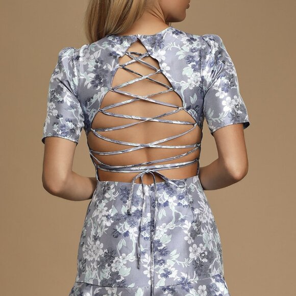 NWT Lulus Royal To Be Light Blue Floral Jacquard Ruffled Skater Dress - Picture 4 of 8